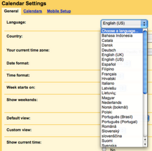 Google Calendar Dil Menüsü