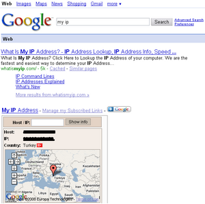 Google bize IP adresimizi ve mevkimizi gösteriyor